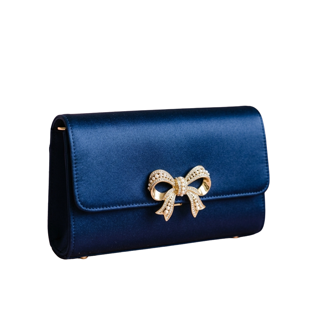 Navy Blue Clutch with Gold Bow PNG