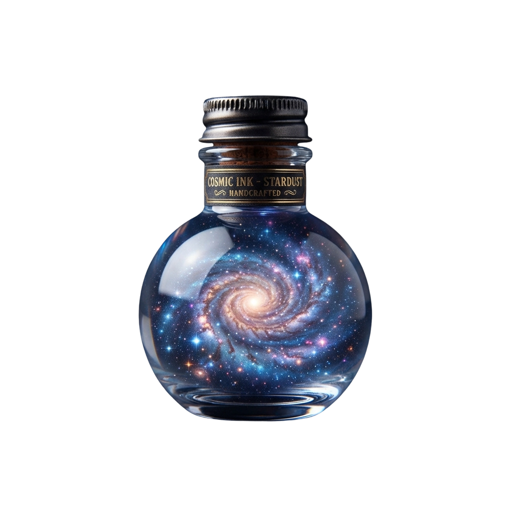 Glass bottle with swirling galaxy and starry space design inside, labeled cosmic ink handcrafted