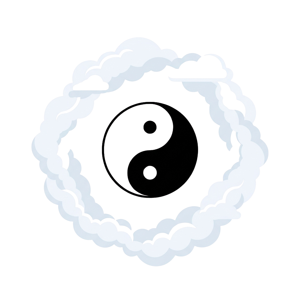 Yin yang symbol centered inside a circular arrangement of stylized clouds