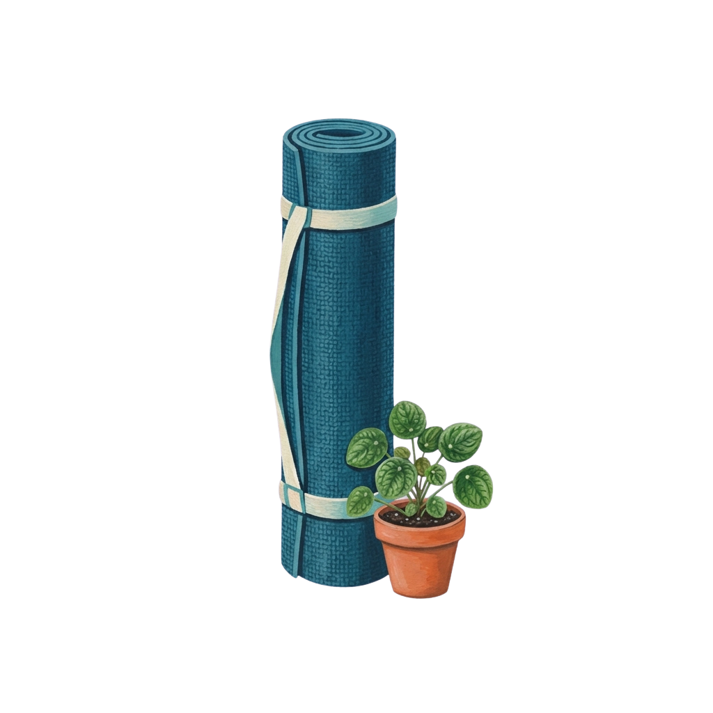 Rolled blue yoga mat with white strap and small potted green plant beside it
