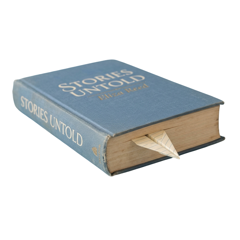 Blue book titled Stories Untold with a paper airplane marking a page.