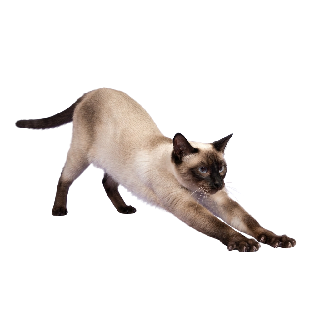 A Siamese cat walking gracefully on all fours against a black background