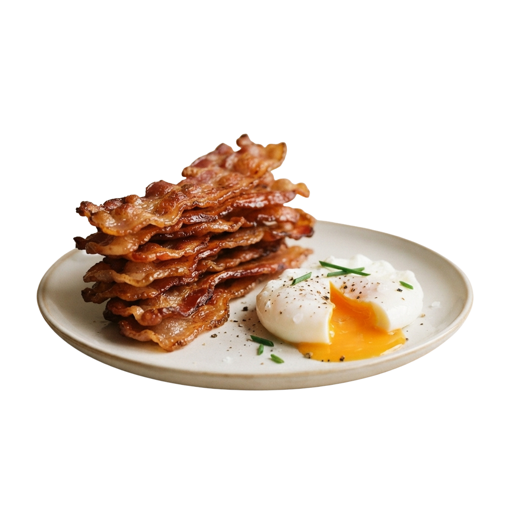 A white plate with crispy bacon strips and a poached egg garnished with black pepper and green herbs