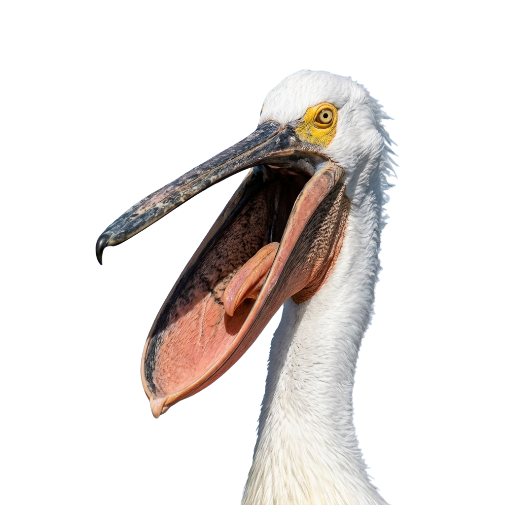 Close-up of a pelican with its beak open, revealing the internal pouch.