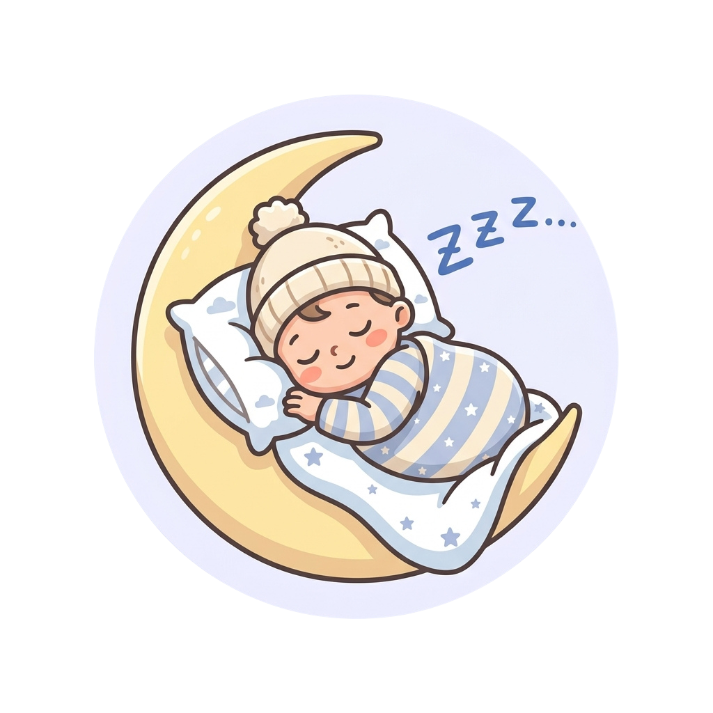 A cheerful baby sleeping peacefully inside a crescent moon, wearing a striped onesie and knit hat, snoring softly.