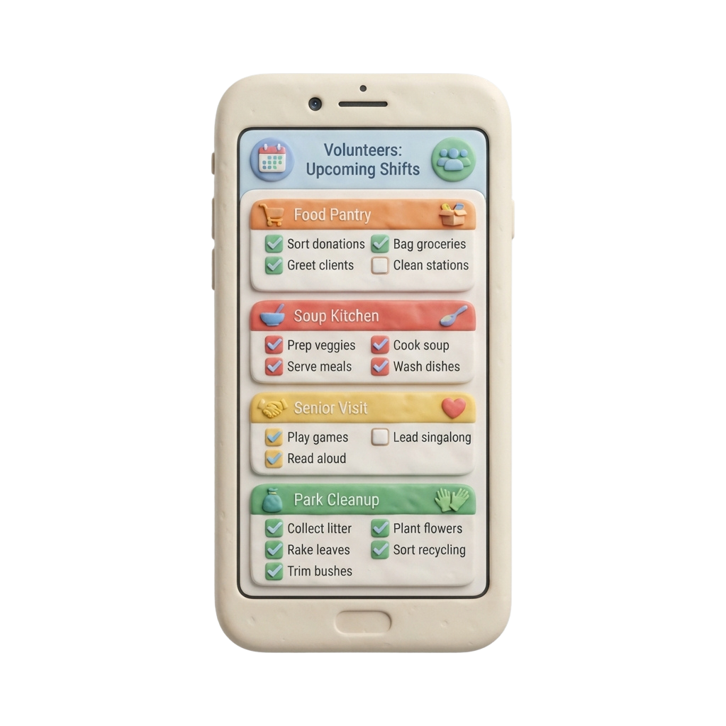 Mobile app screen showing volunteer shift tasks for food pantry, soup kitchen, senior visits, and park cleanup.