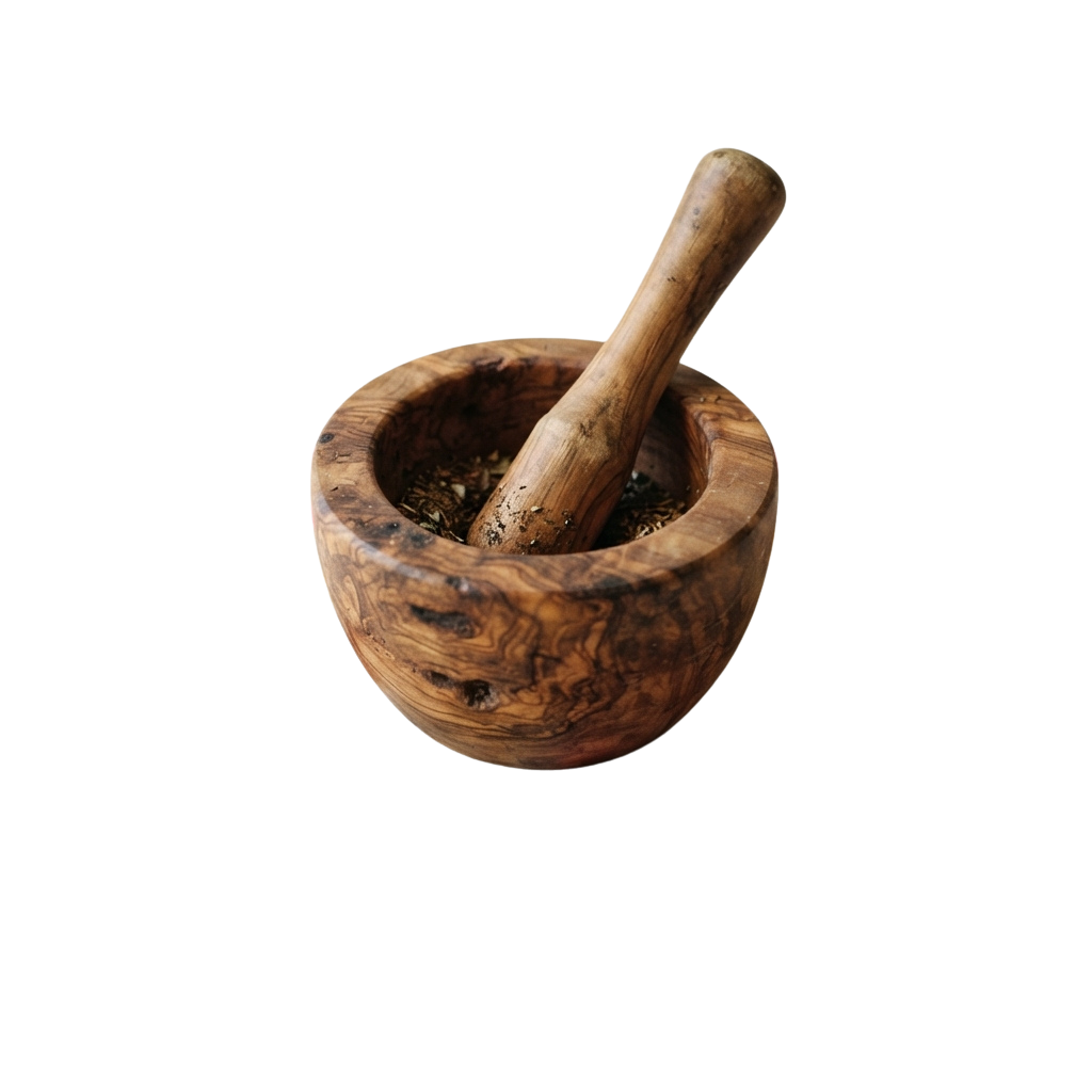 A wooden mortar and pestle with a natural grain pattern, used for grinding herbs or spices