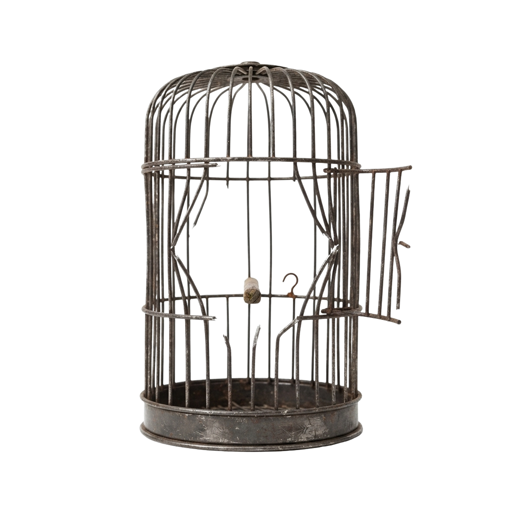 An old-fashioned metal birdcage with a small perch inside and a latch on the door.
