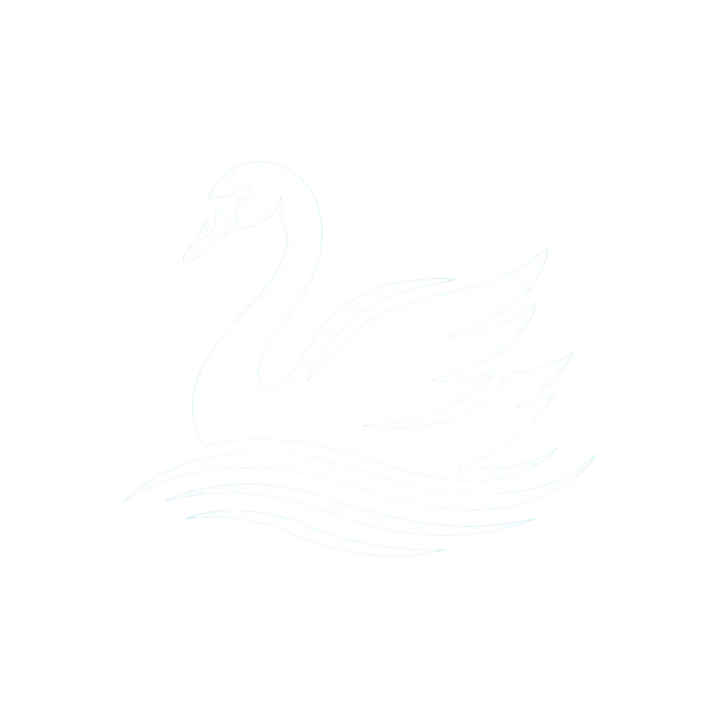 A white swan gracefully swimming on wavy water against a black background