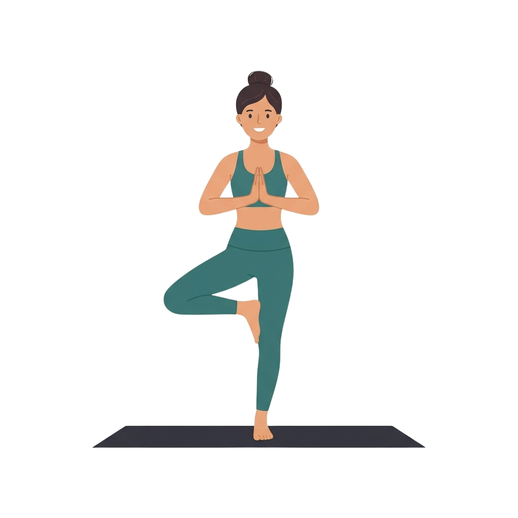 Illustration of a woman performing a yoga tree pose with hands in prayer position on a mat