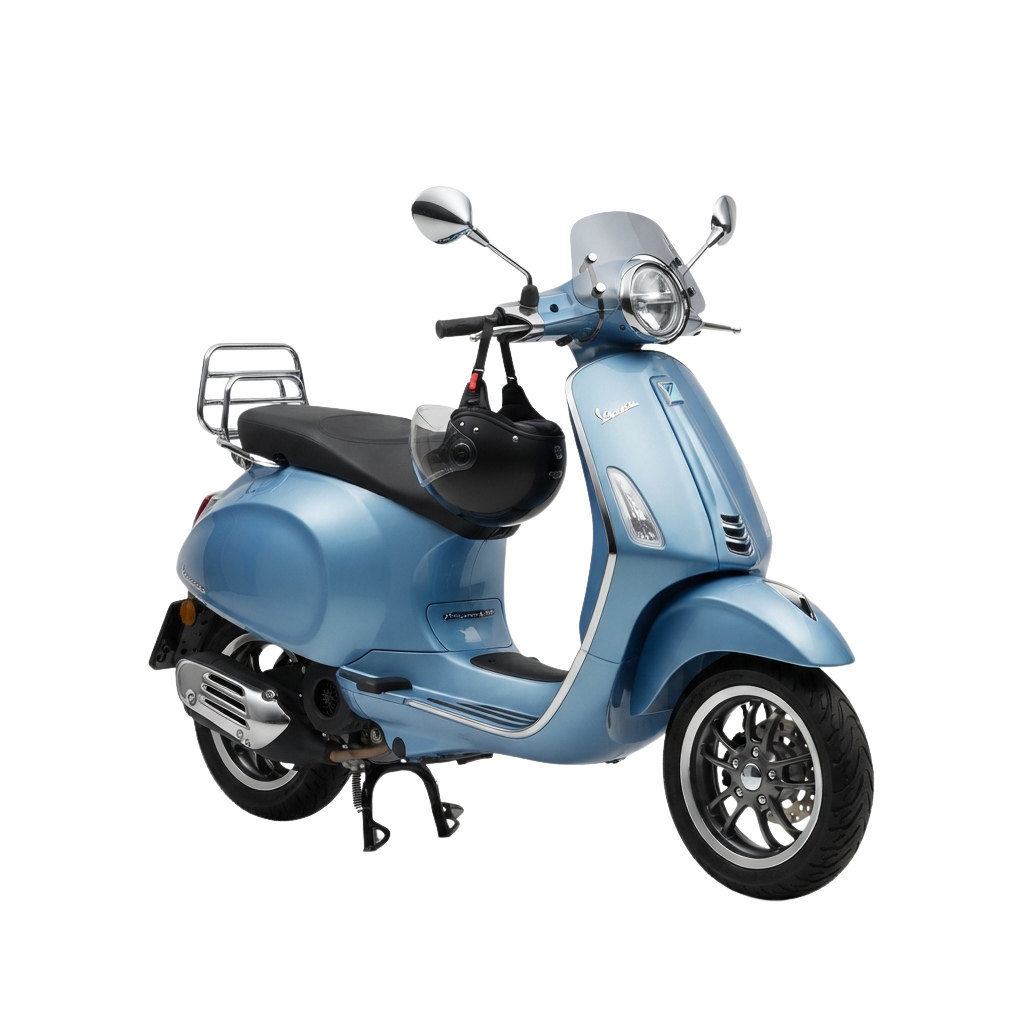 A sleek blue scooter with black seat and handlebars, viewed from the rear left side.