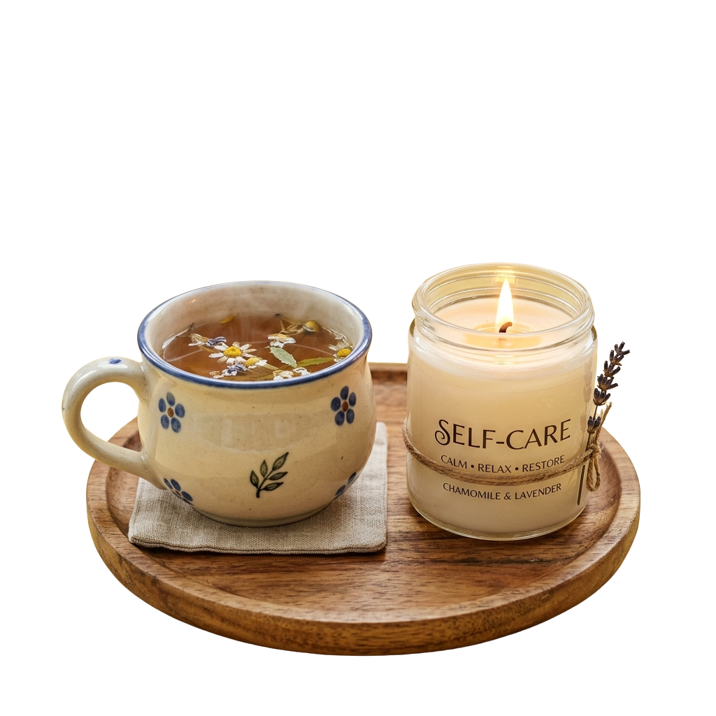 A lit chamomile and lavender candle next to a floral-patterned mug of herbal tea on a wooden tray