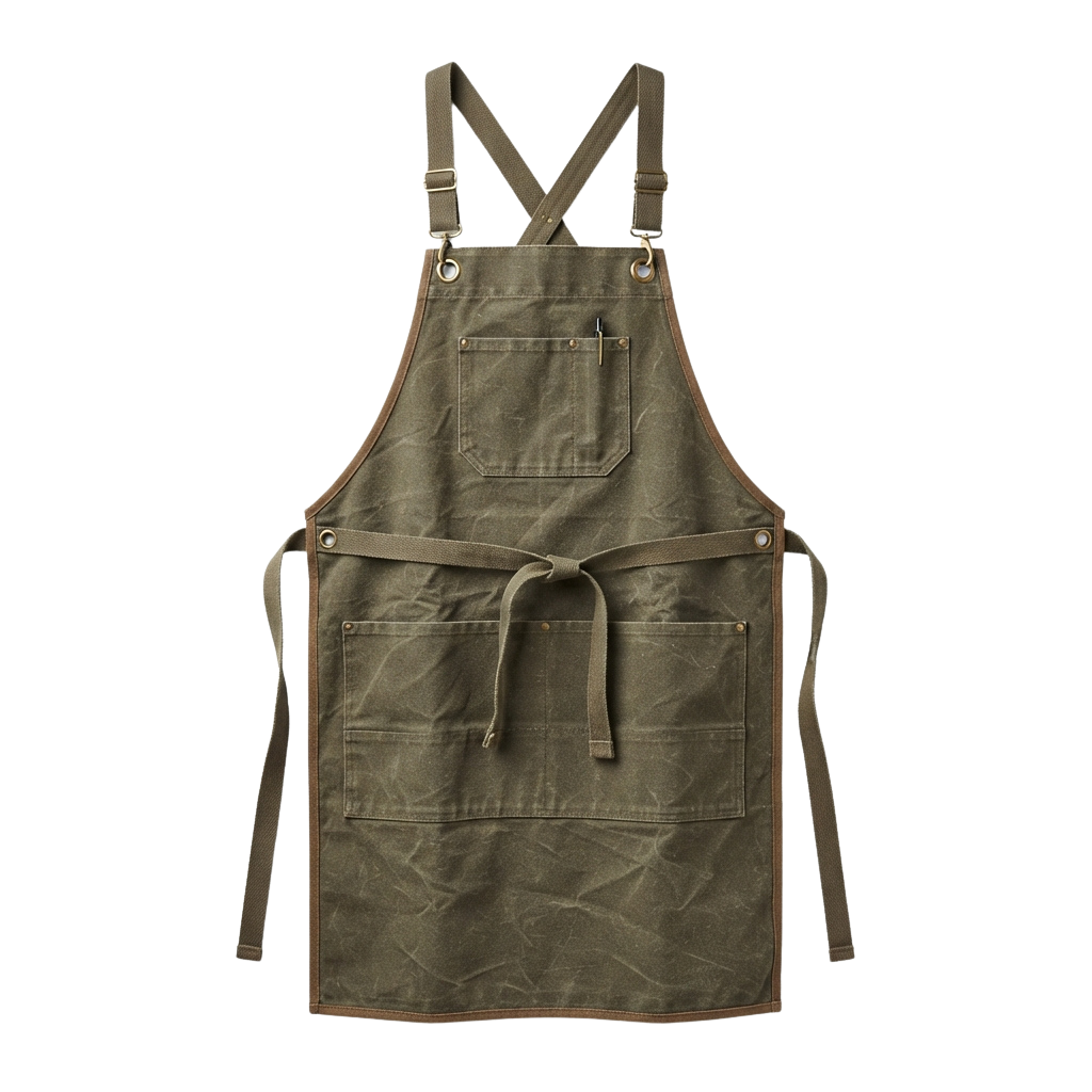 Olive green canvas apron with leather trim, adjustable straps, and multiple pockets on a black background