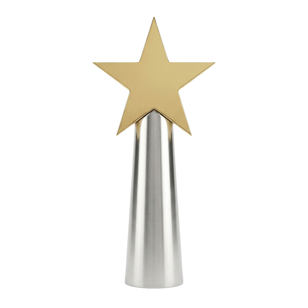 Award trophy featuring a gold star on top of a tall silver base