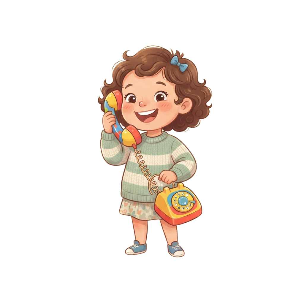 A smiling child holding a vintage toy phone to her ear and carrying another one, dressed in a striped sweater and skirt.