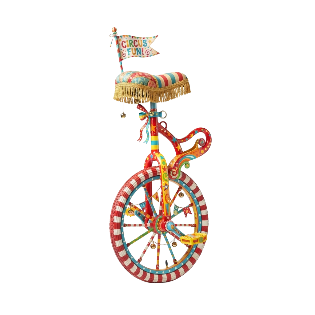 Decorative unicycle with a colorful striped wheel, ornate frame, and a small circus fun flag on top