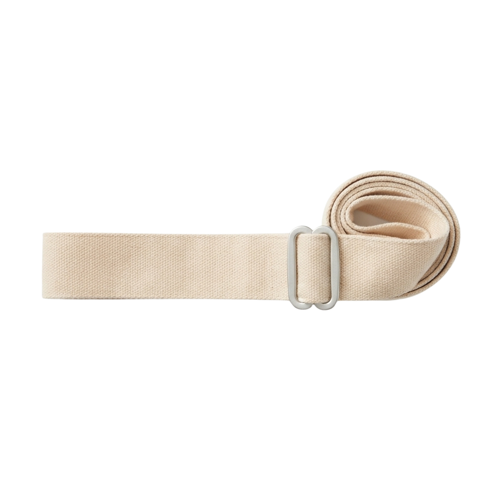 A beige fabric belt with a white metal buckle and adjustable strap.