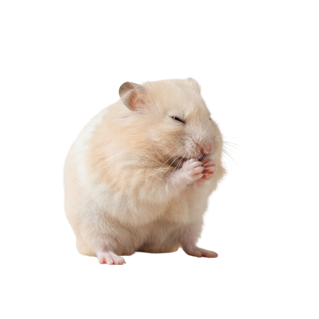 A light beige hamster sitting and grooming its face with its front paws
