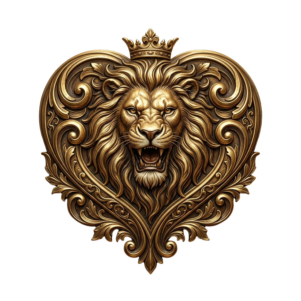 A detailed golden lion head inside an ornate heart shape with a crown on top