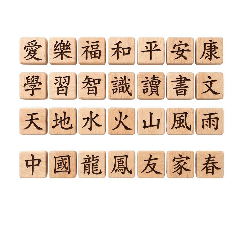 Four rows of wooden blocks with Chinese characters arranged on a black background