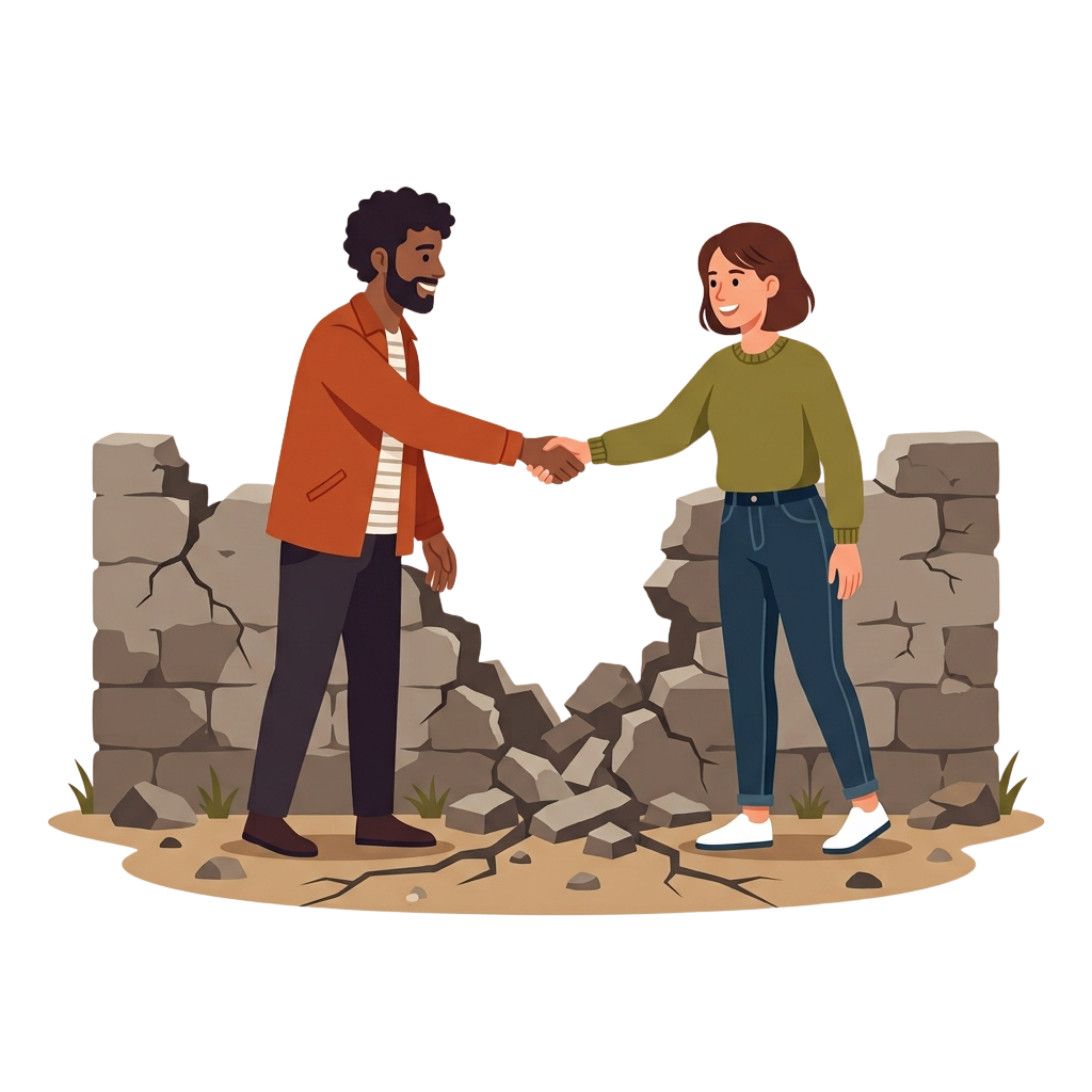 Illustration of a man and woman shaking hands in front of a broken stone wall