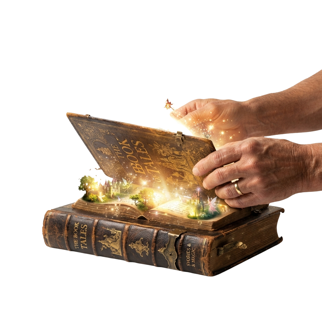 Hands opening an old book revealing a glowing fairy tale landscape with magical sparkles and a tiny figure
