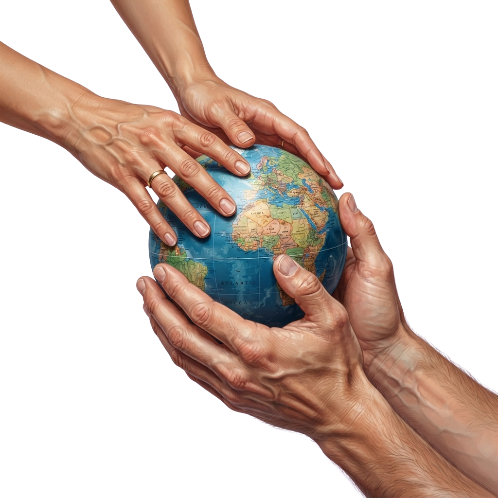 Four hands gently holding a globe together representing unity and collaboration.