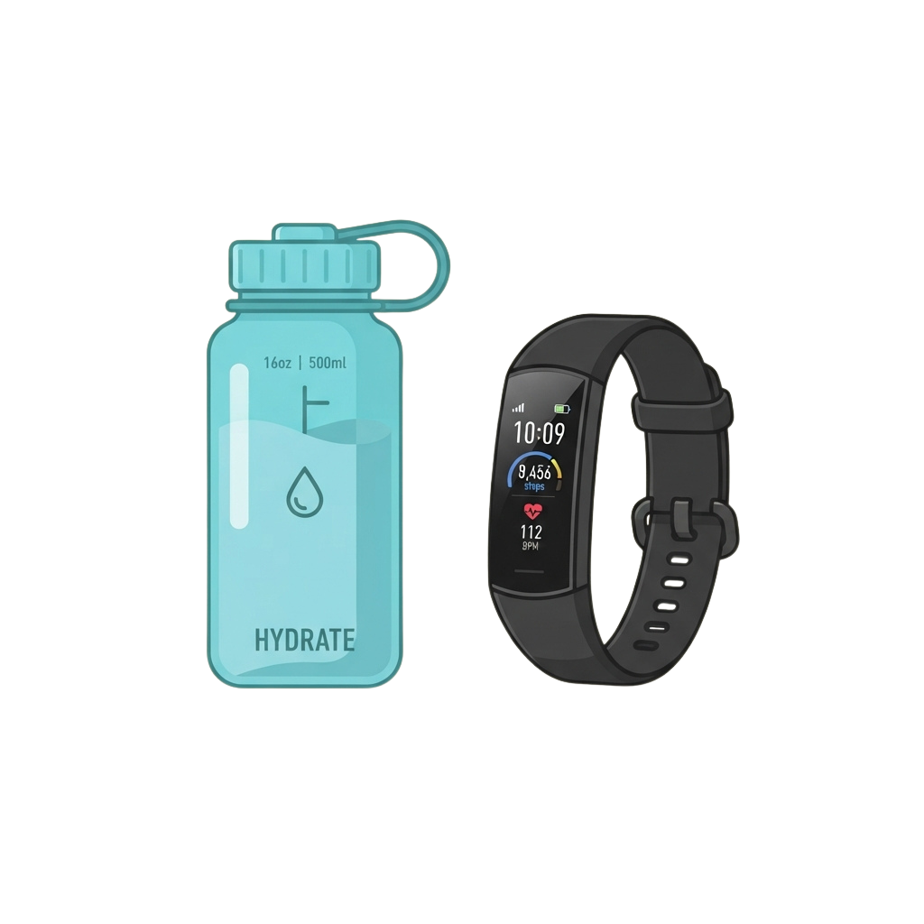 A light blue hydration bottle with a water drop graphic and a black fitness tracker displaying time and steps.
