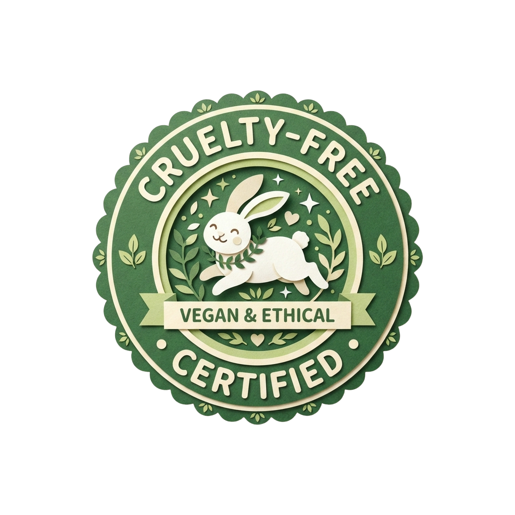 Circular badge showing a white rabbit surrounded by leaves, labeled cruelty-free vegan and ethical certified