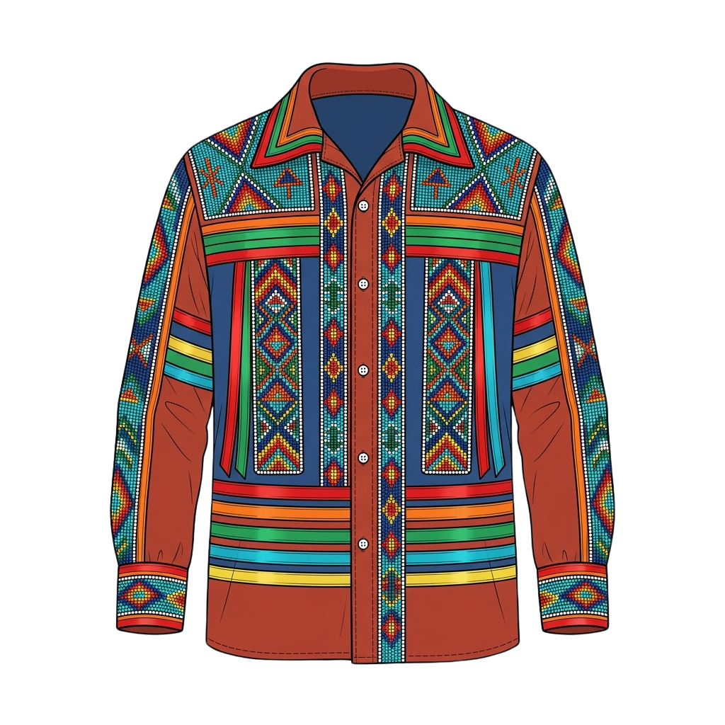 Traditional embroidered jacket featuring vibrant geometric patterns and colorful stripes