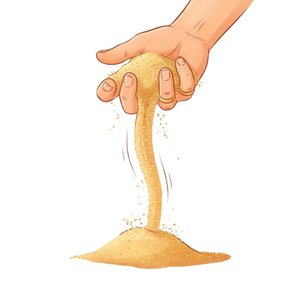 Illustration of a hand pouring golden sand or granular substance into a pile