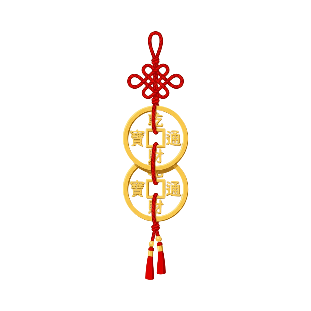 Two golden Chinese coins connected by a red tassel with intricate knotwork at the top and bottom.