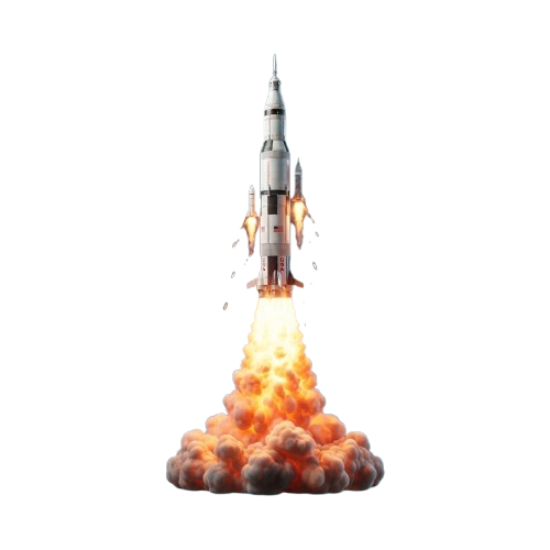 A Saturn V rocket ascending with bright orange flames and smoke at launch.