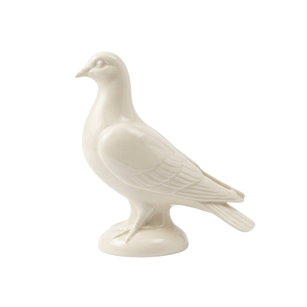 A white ceramic dove figurine standing on a small round base against a black background