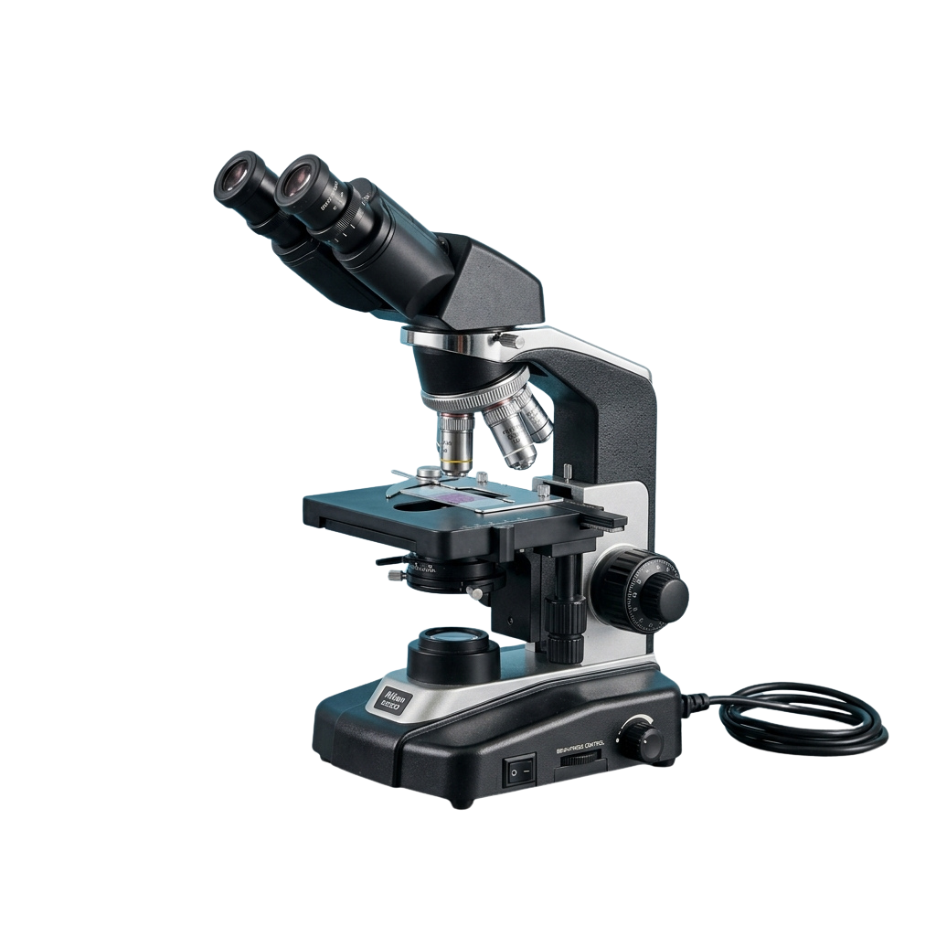 Microscope with dual eyepieces, adjustable focus knobs, and built-in illumination on a dark background