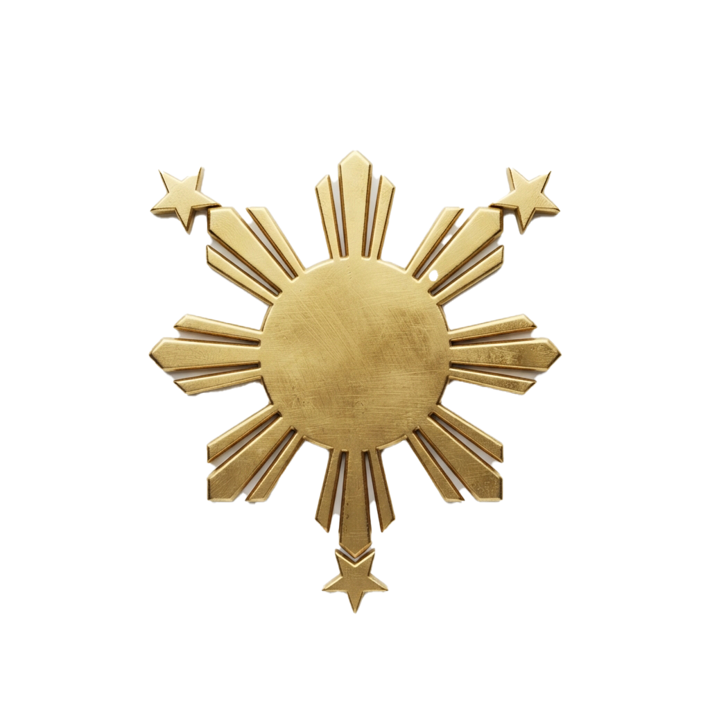 A gold-colored sunburst star emblem with eight triangular rays and three smaller stars on top