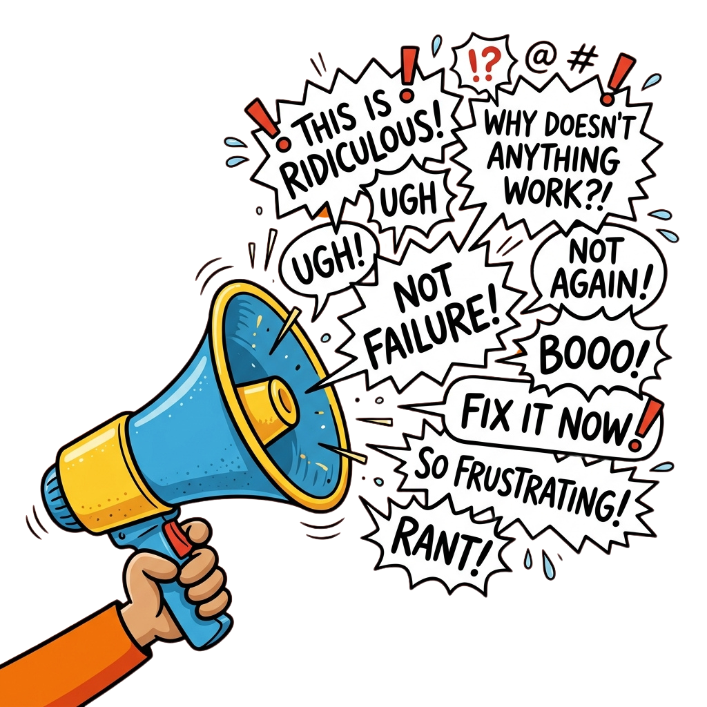 Hand holding megaphone with speech bubbles expressing frustration over technology failures