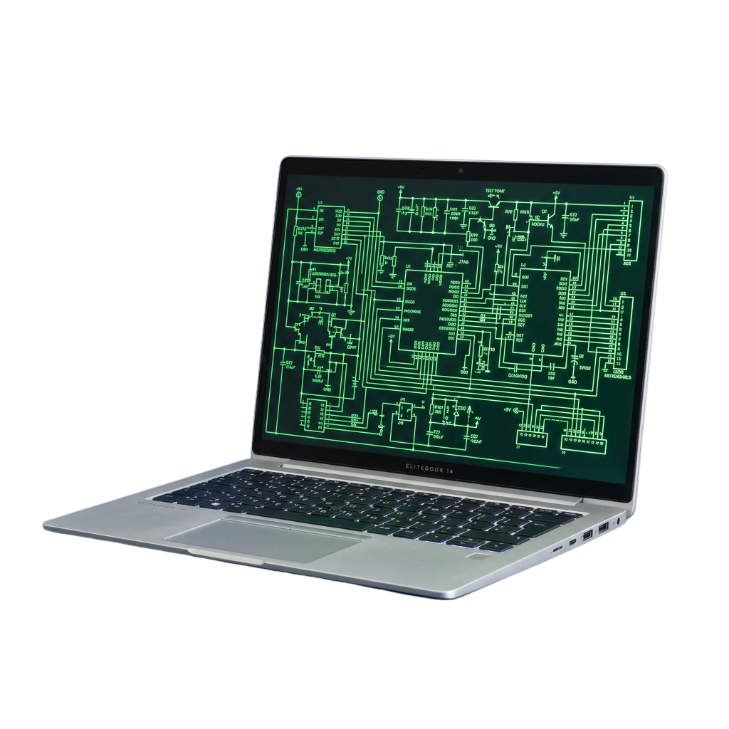 Laptop screen displaying a detailed green circuit board schematic layout.