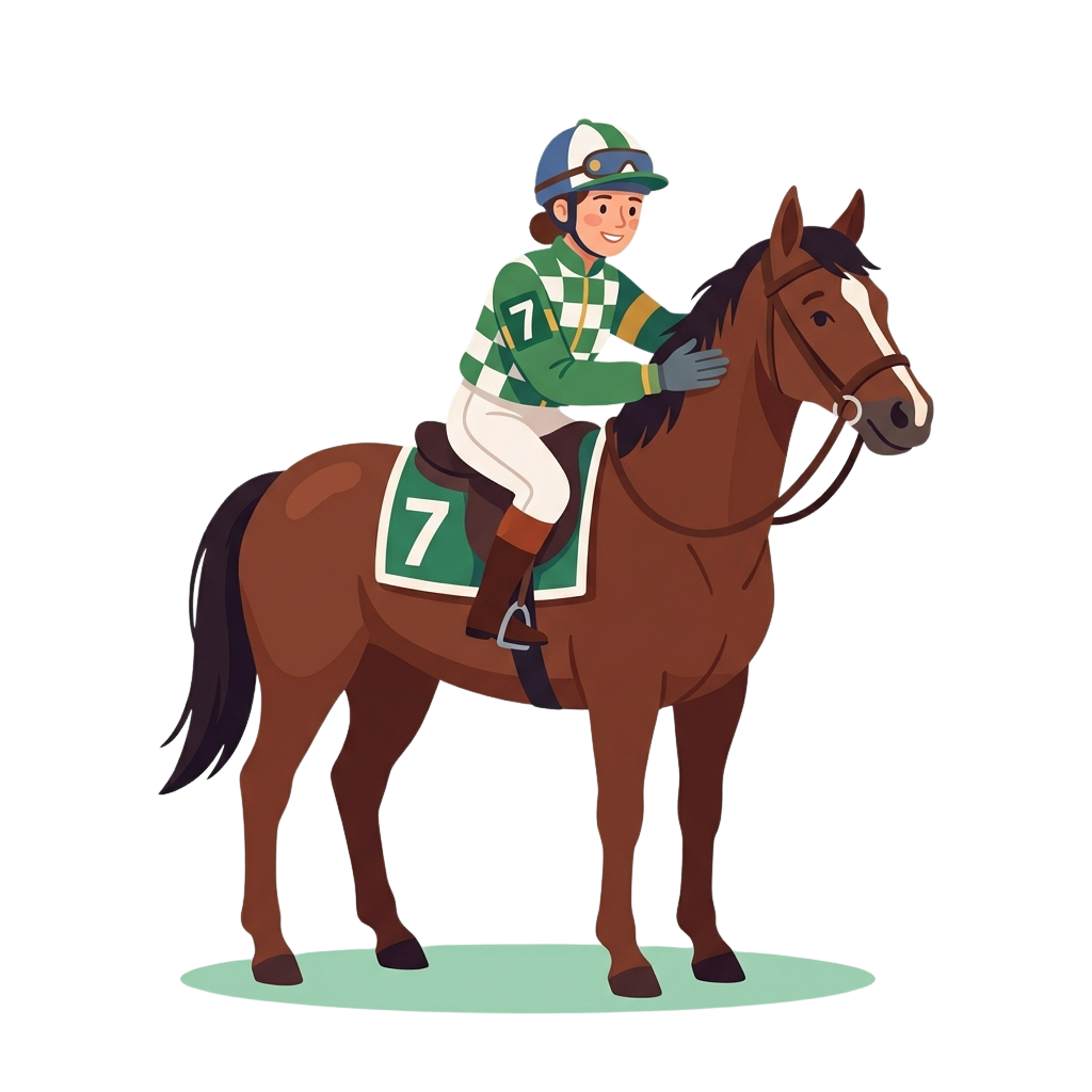 A jockey wearing a green, white, and yellow checkered outfit rides a brown horse with the number seven saddle blanket.
