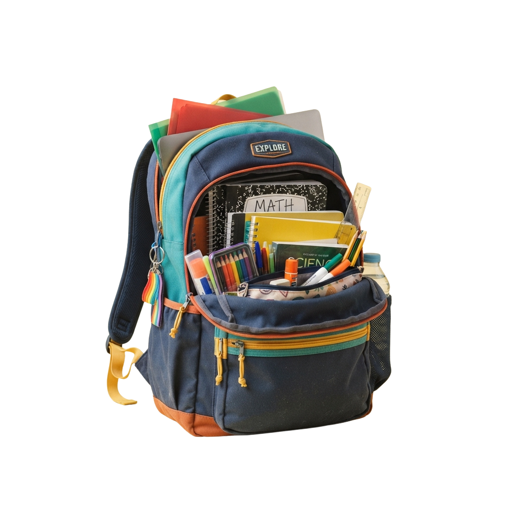 A colorful backpack open to show math books, notebooks, colored pencils, and other school supplies inside