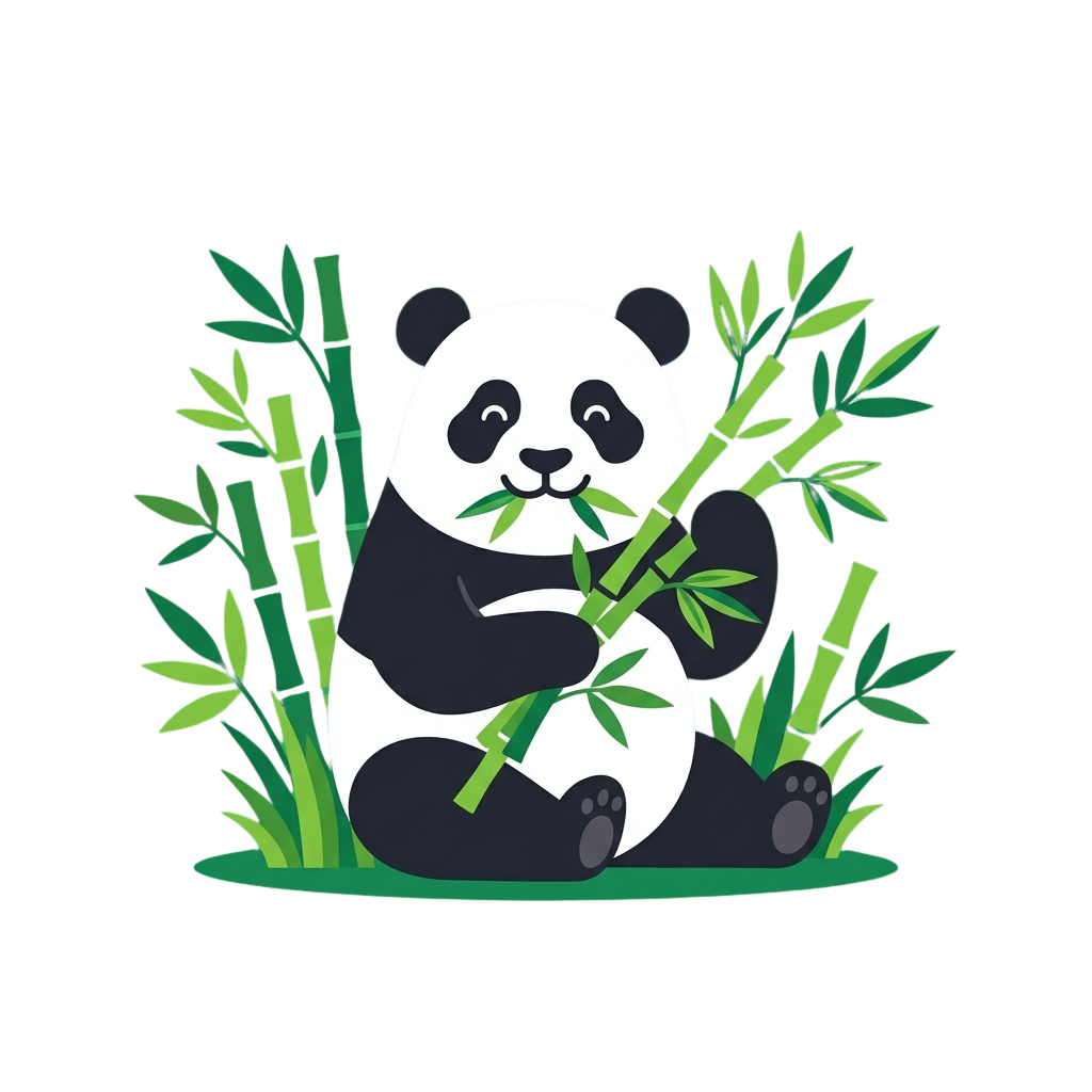 A cartoon panda sitting among bamboo plants, eating fresh bamboo leaves