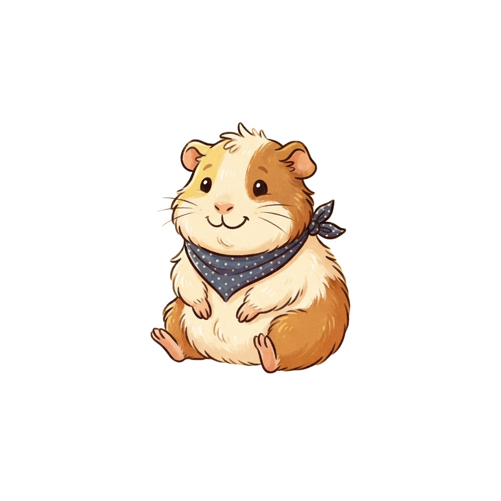 A smiling cartoon guinea pig sitting and wearing a blue polka dot bandana