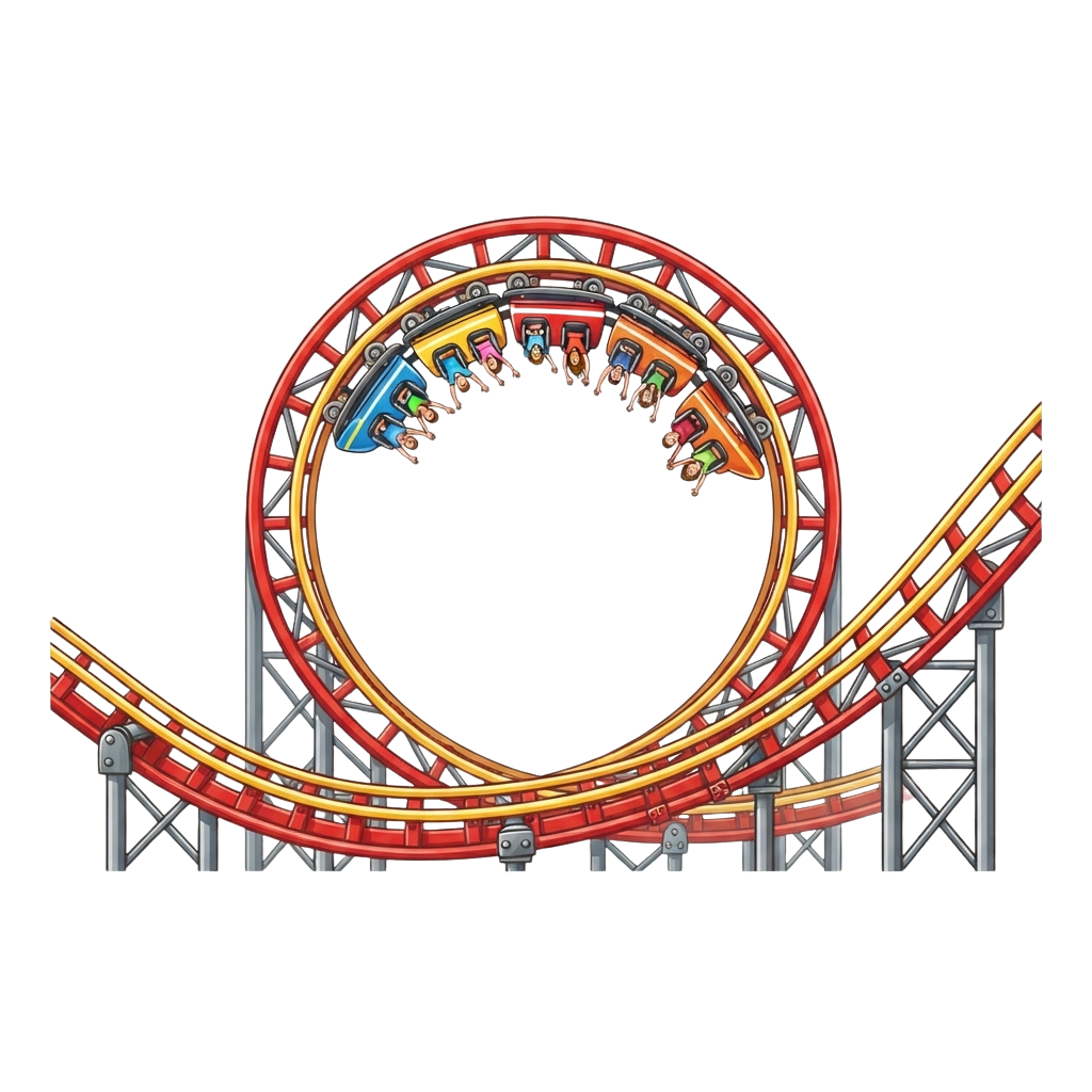 A roller coaster train upside down on a circular loop track with passengers in inverted seats.