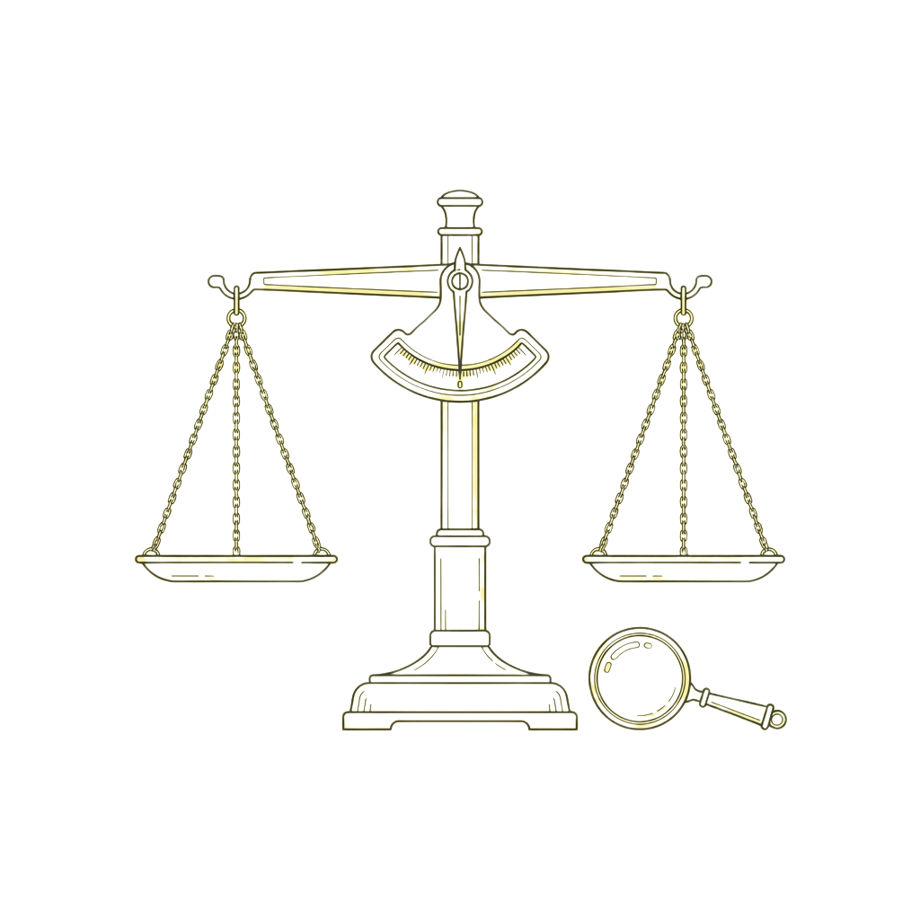 A gold-colored illustration of a balanced scale of justice and a magnifying glass on a black background