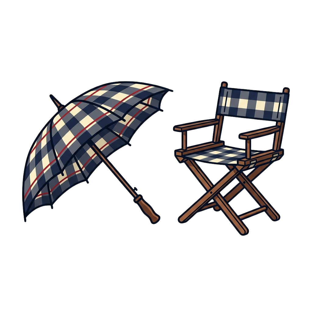 Illustration of a director's chair and checkered umbrella with blue, white, and red plaid pattern
