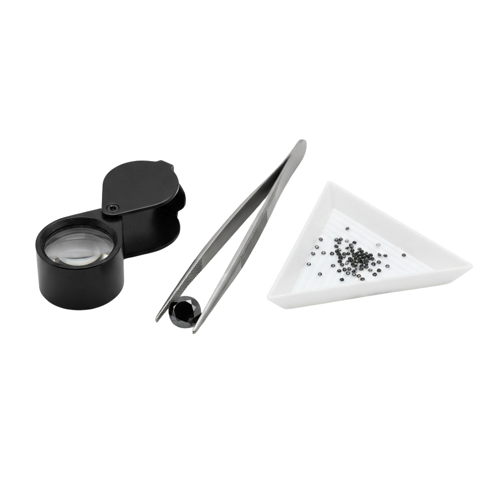 Magnifying loupe, tweezers, and small white tray with black specks