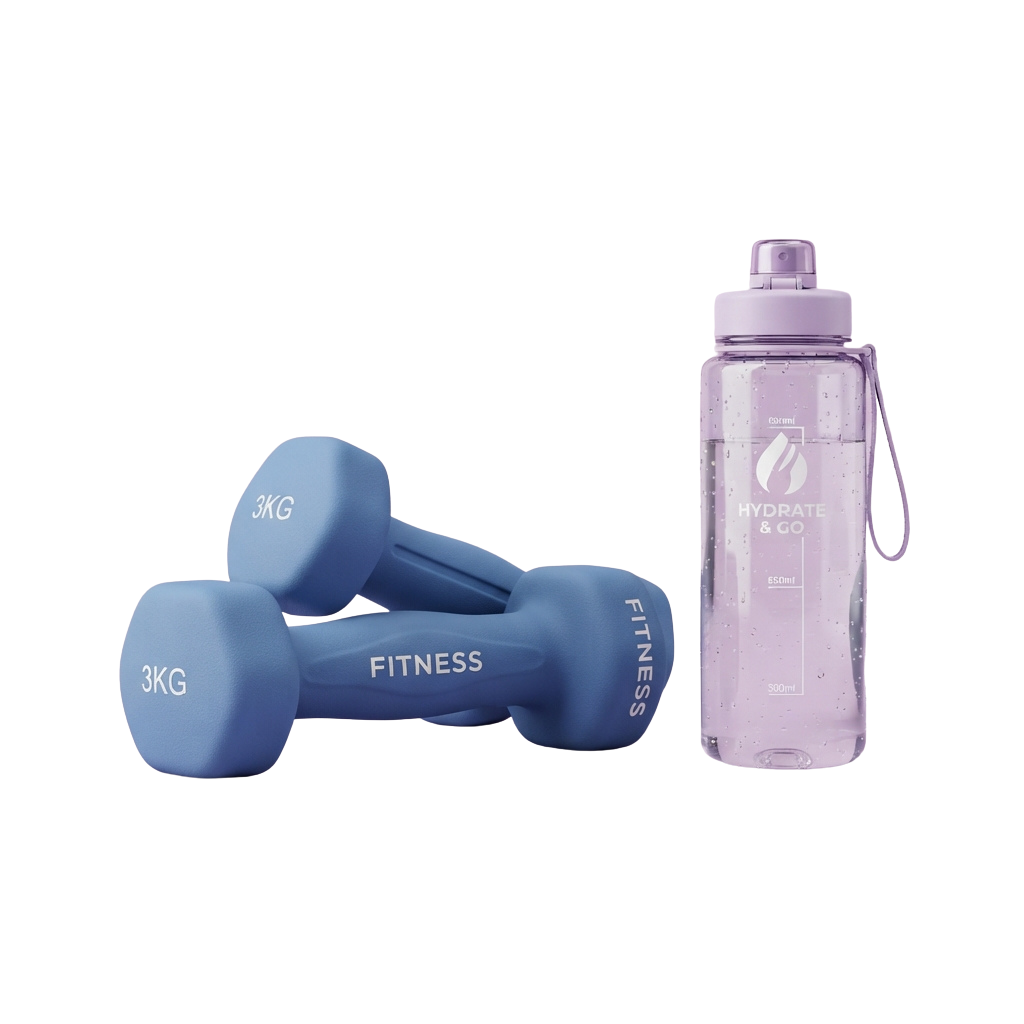 Two blue 3kg adjustable dumbbells and a clear 650ml water bottle with a purple lid and strap.
