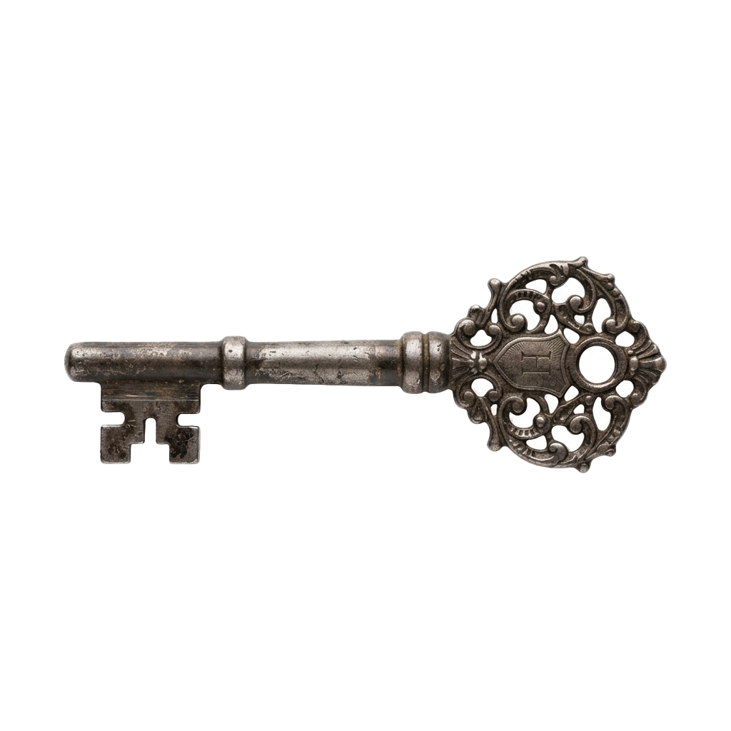 An antique-style key with a decorative bow featuring intricate cut-out patterns and a central emblem