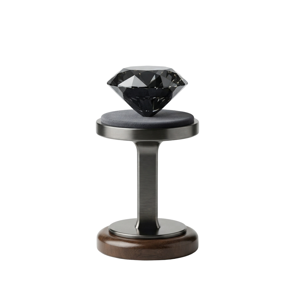A clear gemstone cut like a diamond mounted on a metallic stand with a wooden base