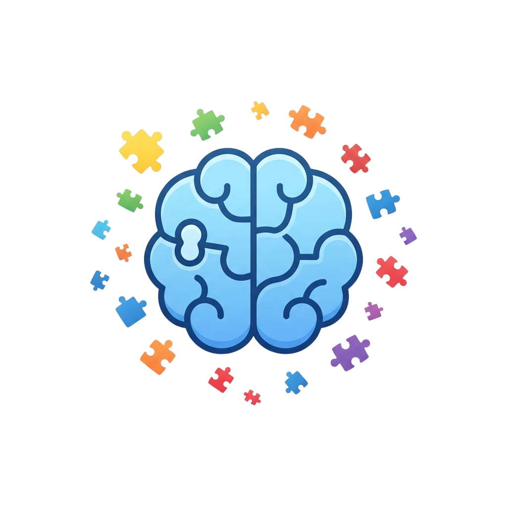 A brain graphic surrounded by colorful puzzle pieces against a black background